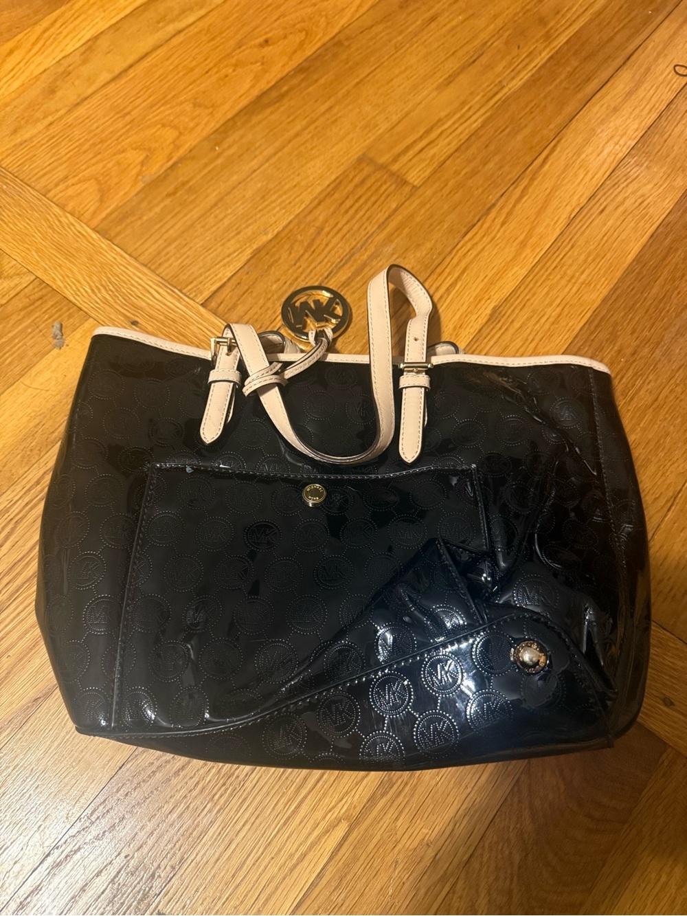 Michael Kors Black Patent Tote with Cream Handles